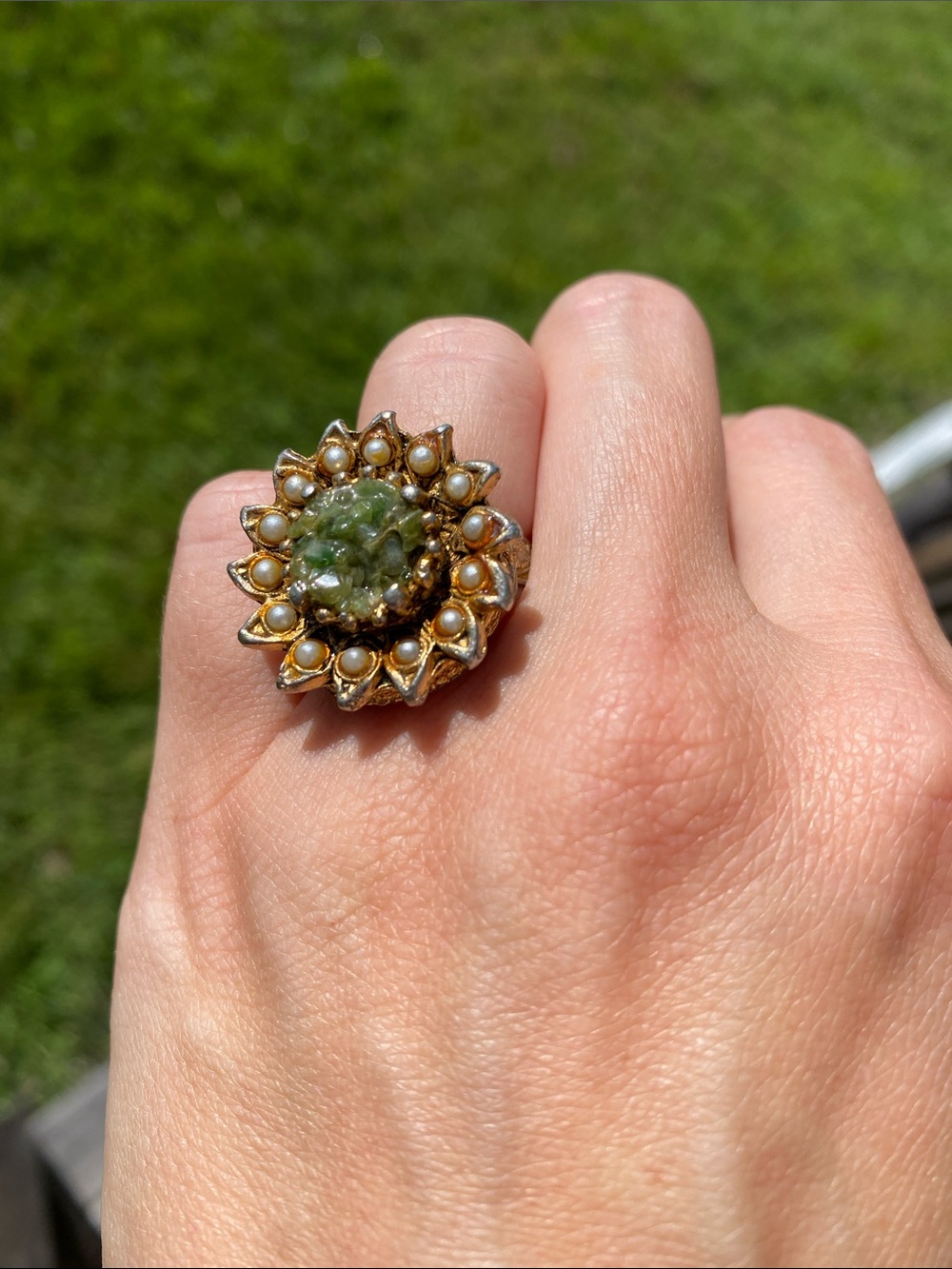 Gold Floral Cluster Ring with Green Center and Pearl Accents